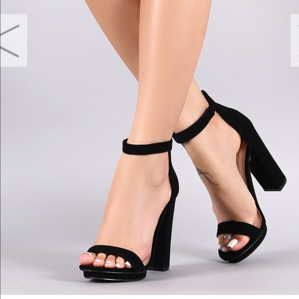 Black open toe heels with ankle strap